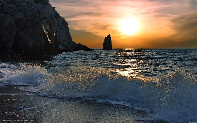 Waves Crashing on Rocky Shore — Orange, Dramatic, Sunset