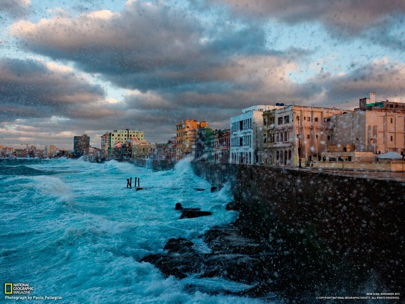 Waves Crashing on Seawall — Blue
