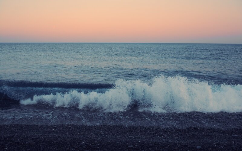 Waves Crashing on Shore — Blue, Serene, Sunset