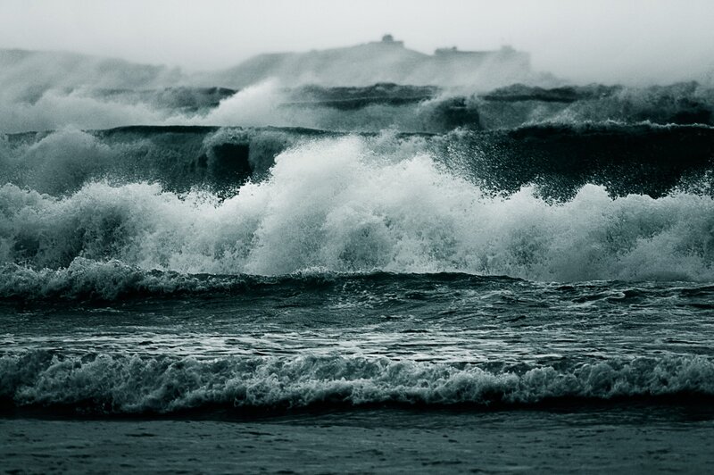 Waves Crashing on Shore — Gray, Dramatic, Photograph