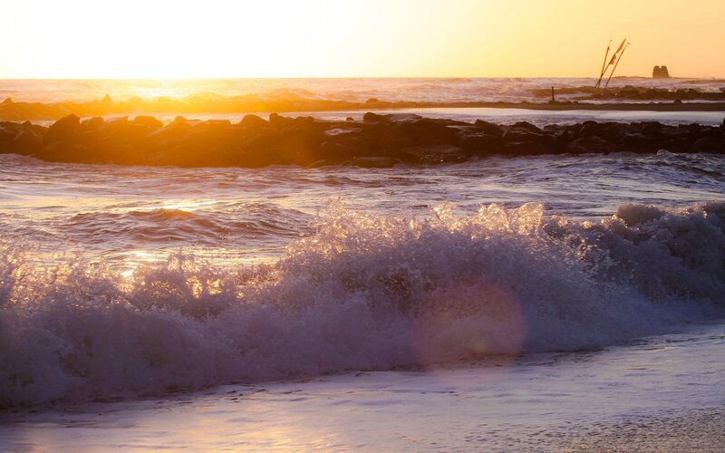 Waves Crashing on Shore — Orange, Serene, Sunset, Photograph, Ocean