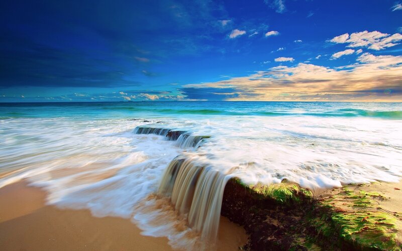 Waves Flowing over Rocks — Blue, Serene