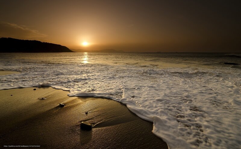 Waves on Beach at Sunset — Gold, Serene, Photograph, Sun