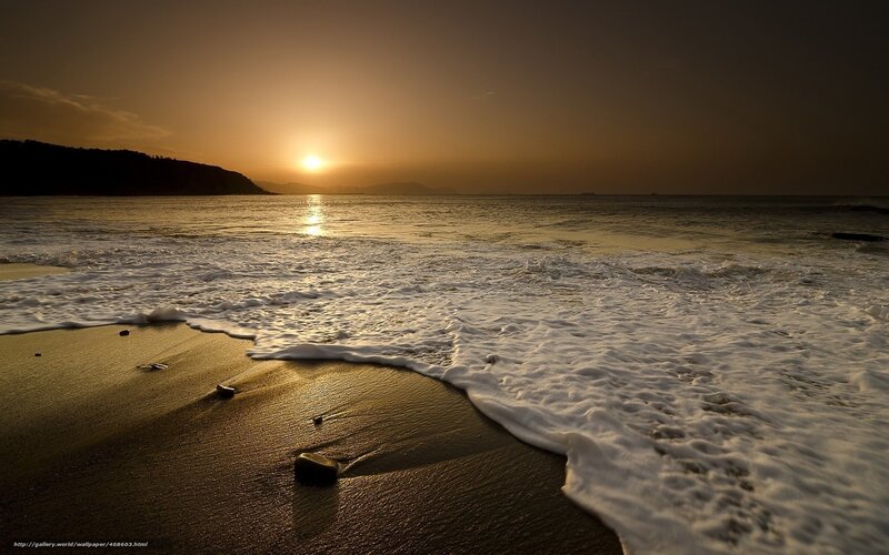 Waves on Beach at Sunset — Gold, Serene, Photograph