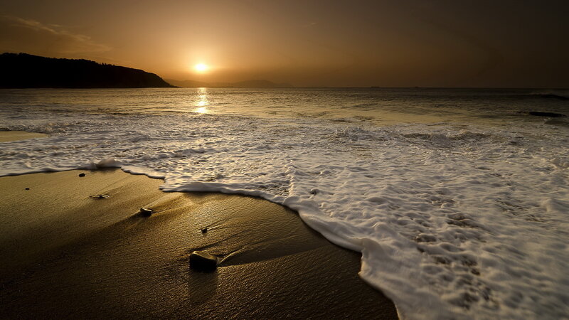 Waves on Beach at Sunset — Gold, Serene