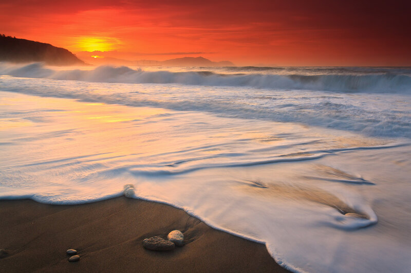 Waves on Beach at Sunset — Orange, Dramatic, Photograph