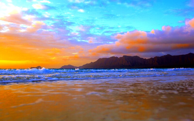 Waves on Beach at Sunset — Orange, Dramatic