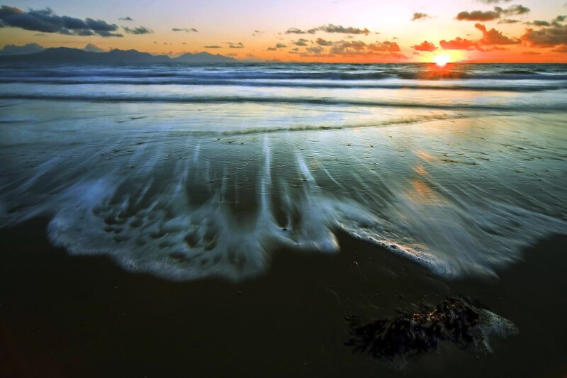Waves on Beach at Sunset — Orange, Serene, Photograph, Sun