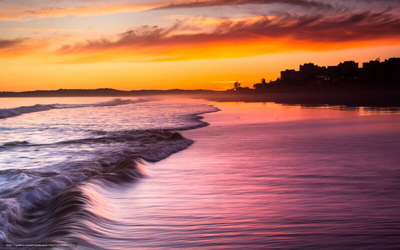 Waves on Beach at Sunset — Orange, Serene, Photograph