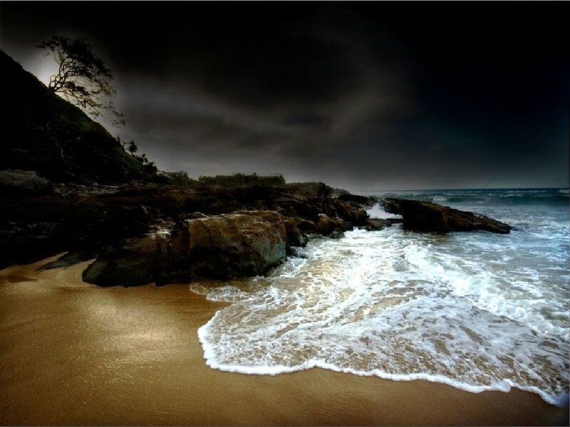 Waves on Rocky Beach — Brown, Dramatic