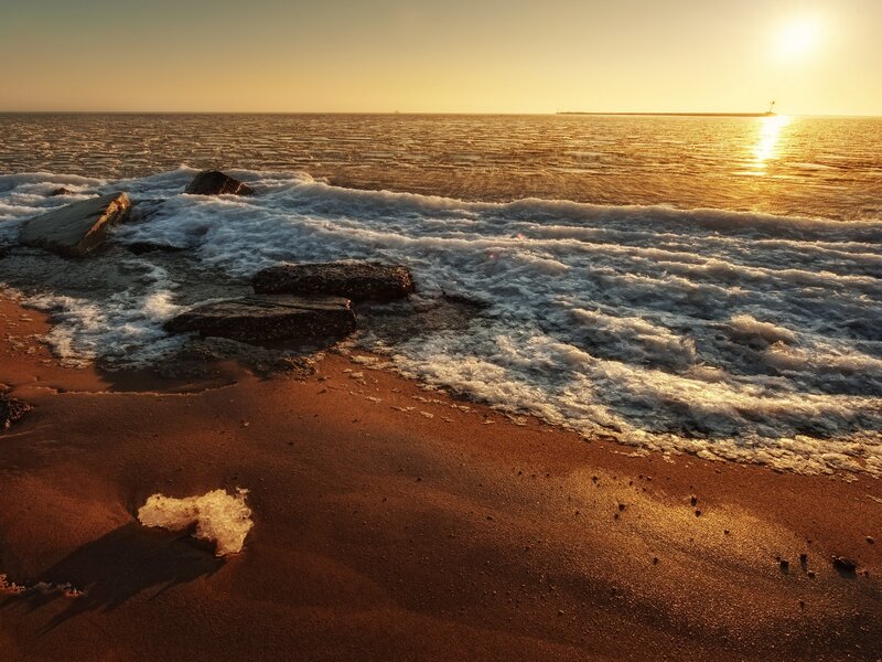 Waves on Rocky Beach — Gold, Serene