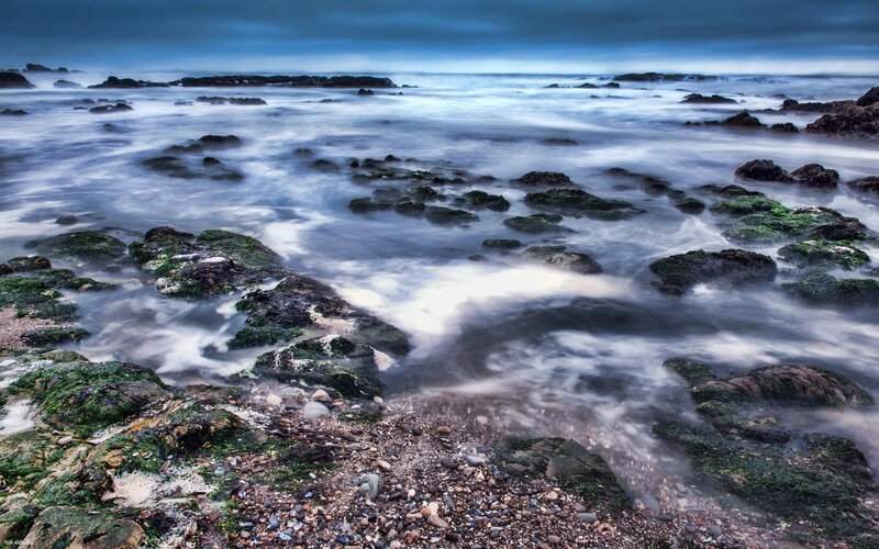Waves on Rocky Shore — Blue, Dramatic, Night