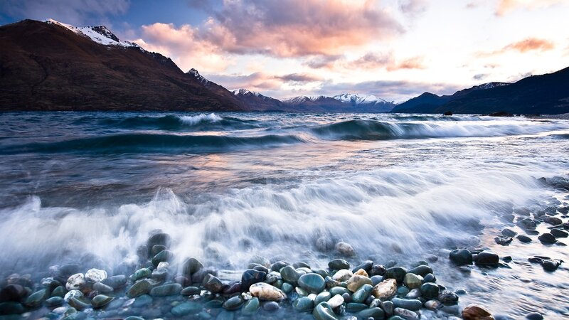 Waves on Rocky Shore — Blue, Dramatic, Sunset, Photograph, Mountains