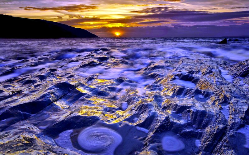 Waves on Rocky Shore — Blue, Dramatic, Sunset, Photograph, Sun