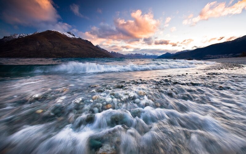 Waves on Rocky Shore — Blue, Dramatic, Sunset, Photograph