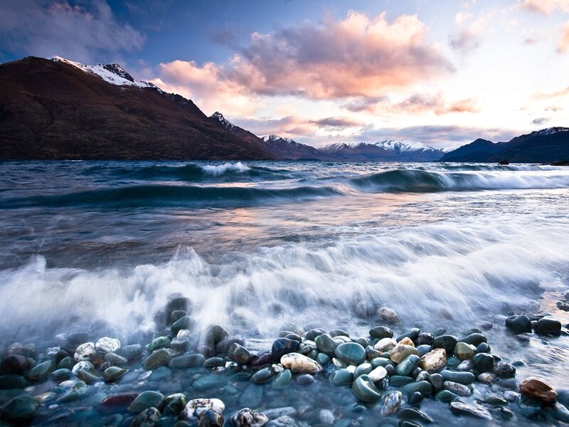 Waves on Rocky Shore — Blue, Dramatic, Sunset