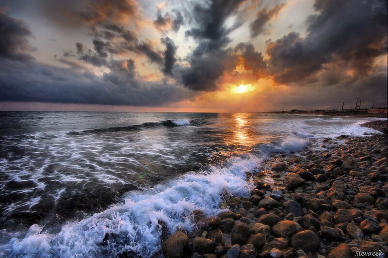 Waves on Rocky Shore — Orange, Dramatic