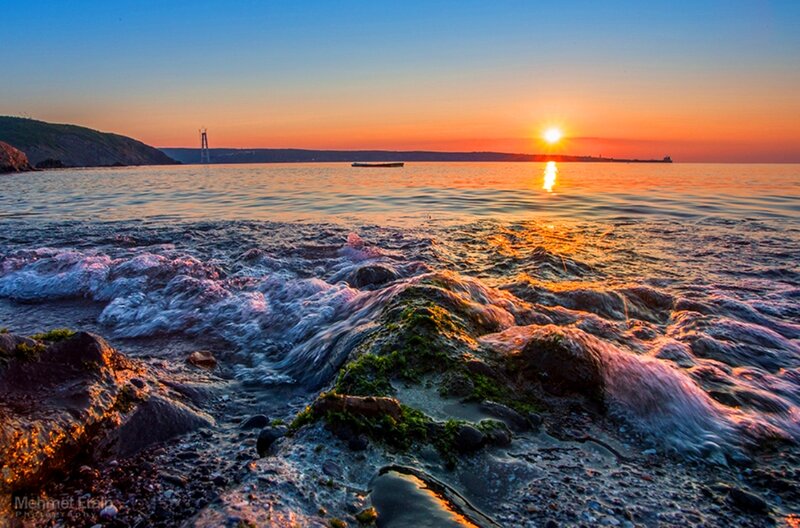 Waves on Rocky Shore — Orange, Serene, Sunset, Photograph
