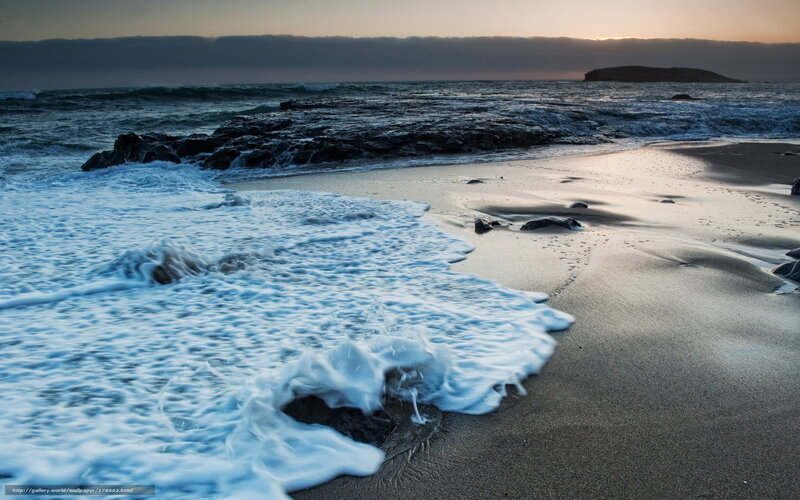 Waves on Sandy Beach — Blue, Calm, Sunset