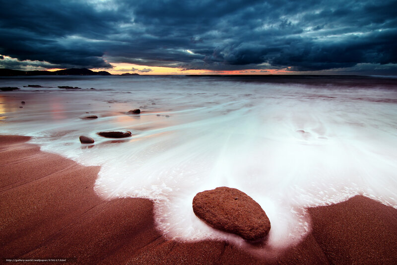 Waves on Sandy Beach — Blue, Dramatic, Sunset, Photograph, Rocks