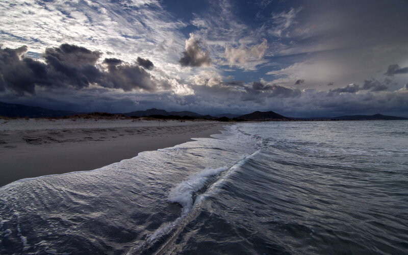 Waves on Sandy Beach — Blue, Dramatic, Sunset, Photograph, Sand