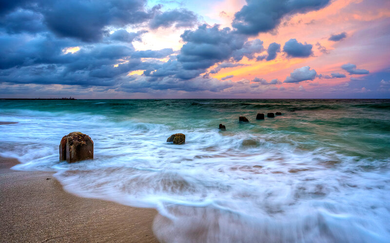 Waves on Sandy Beach — Blue, Dramatic, Sunset, Photograph