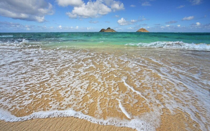Waves on Sandy Beach — Blue, Serene, Afternoon, Photograph, Ocean, Islands, Sky
