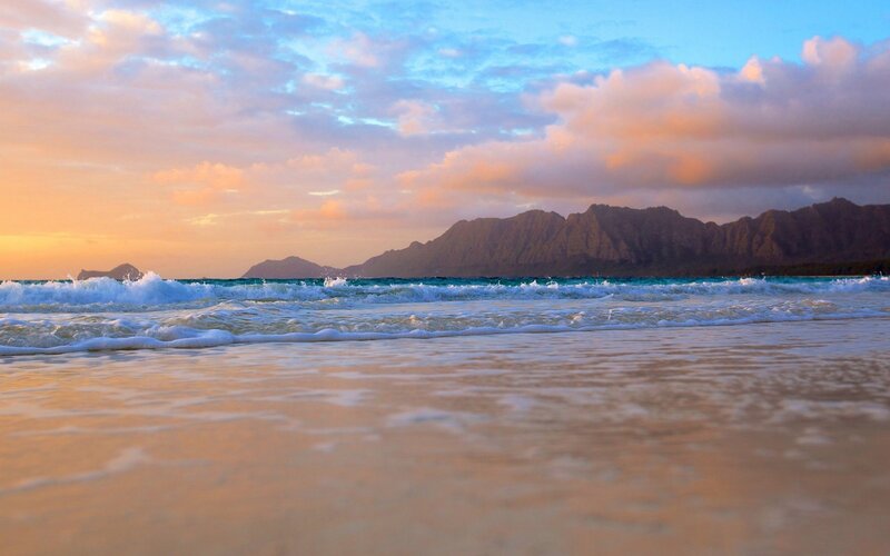 Waves on Sandy Beach — Blue, Serene, Sunset, Photograph, Mountains