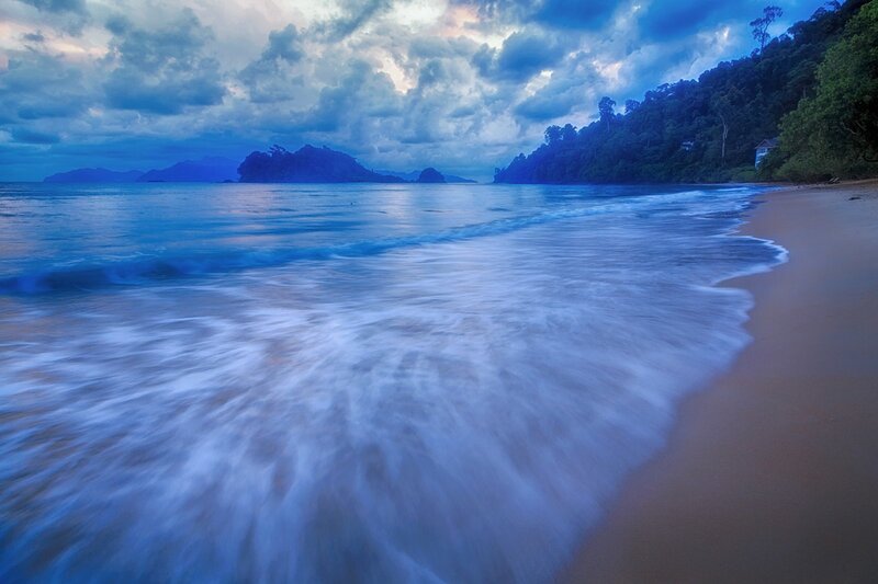 Waves on Sandy Beach — Blue, Serene, Sunset, Photograph, Ocean