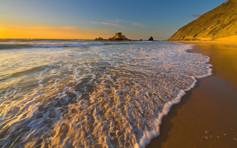 Waves on Sandy Beach — Blue, Serene, Sunset, Photograph