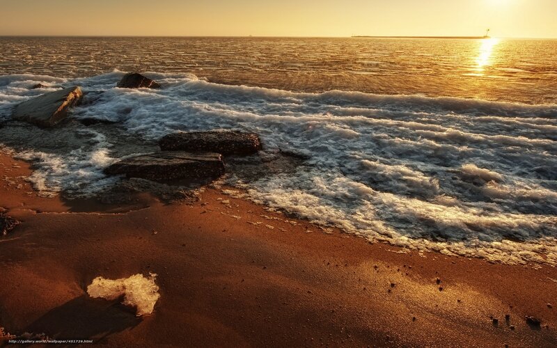 Waves on Sandy Beach — Gold, Serene, Sunset