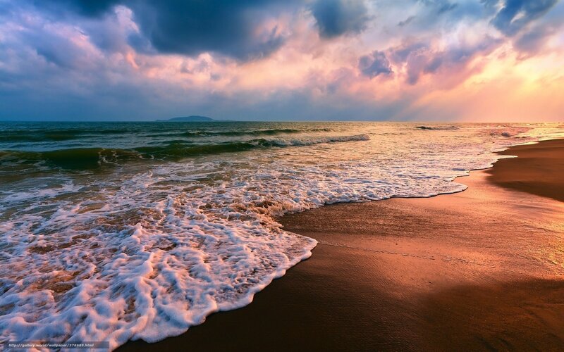 Waves on Sandy Beach — Orange, Dramatic, Sunset, Photograph, Ocean