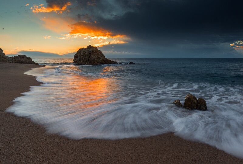 Waves on Sandy Beach — Orange, Dramatic, Sunset, Photograph