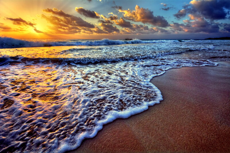 Waves on Sandy Beach — Orange, Dramatic, Sunset