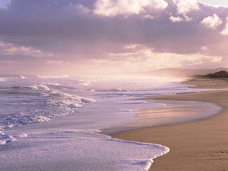 Waves on Sandy Beach — Purple, Serene, Sunset