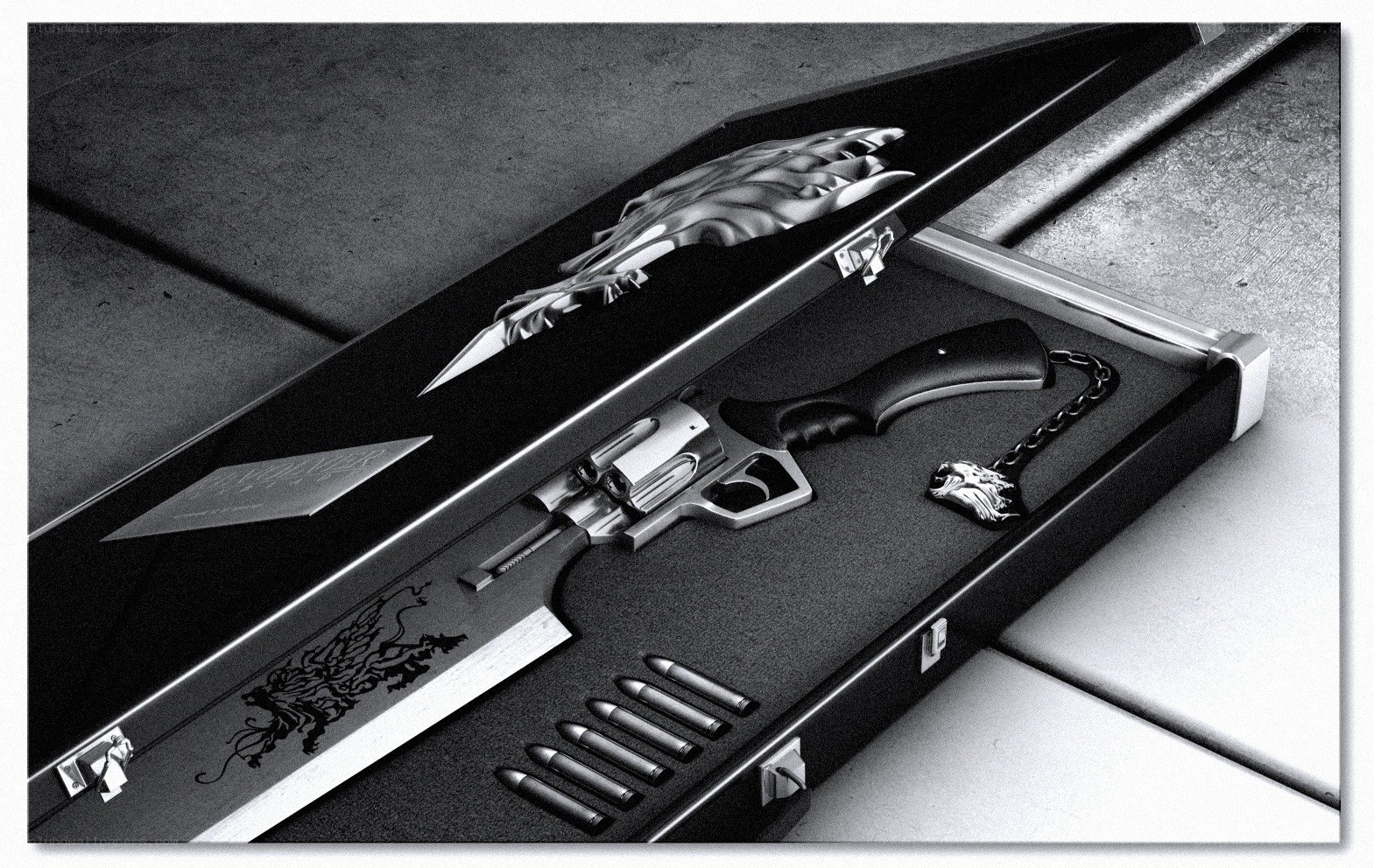 Weapon set in a display case