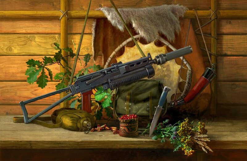 Weapons and gear on a wooden table