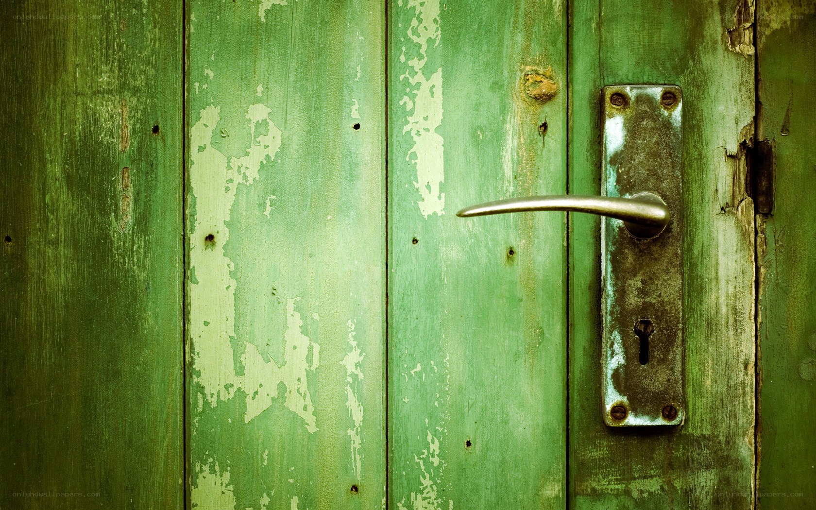 weathered green door with handle