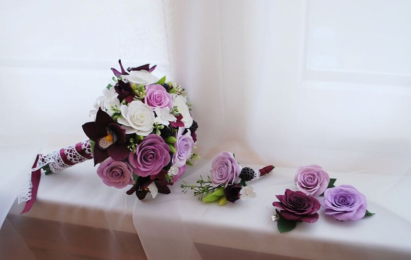 Wedding Bouquet and Boutonniere — Purple