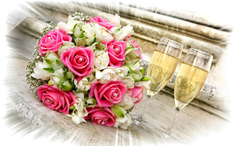 Wedding Bouquet and Champagne — Pink, Celebratory
