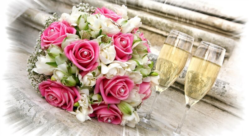 Wedding Bouquet and Champagne — Pink