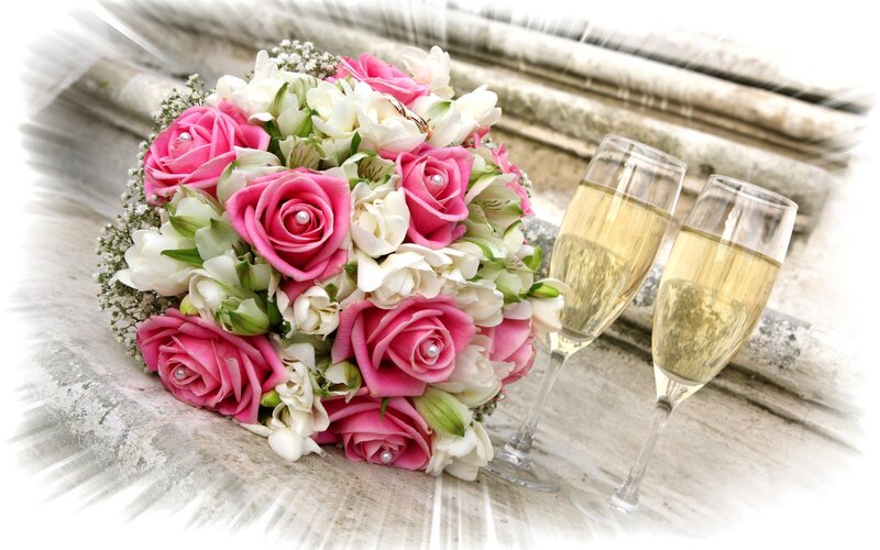 Wedding Bouquet and Champagne