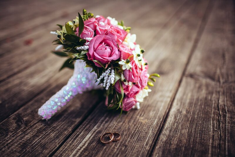 Wedding Bouquet and Rings — Pink, Romantic, Photograph, Flowers