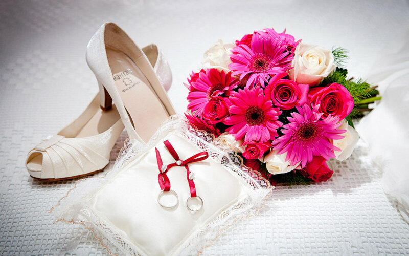 Wedding Bouquet and Shoes — White, Festive