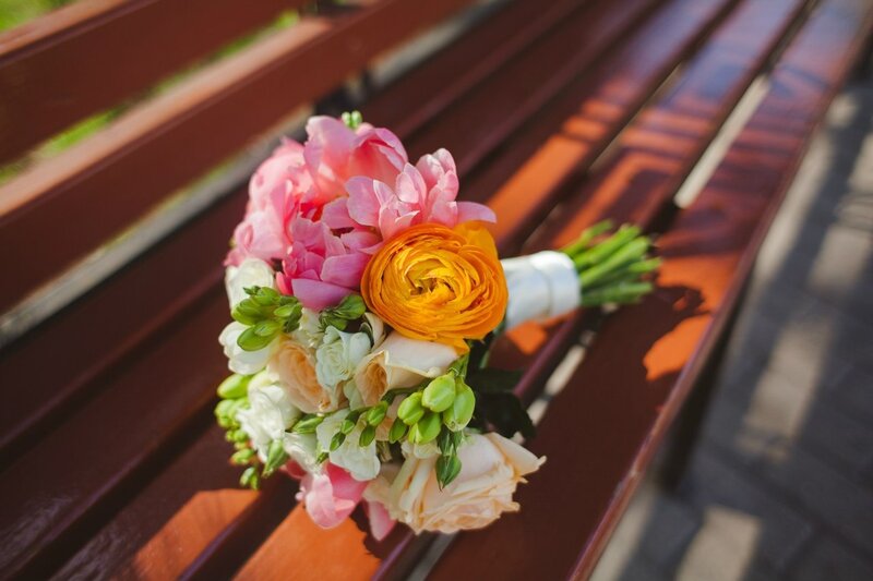 Wedding Bouquet on Bench — Pink, Serene