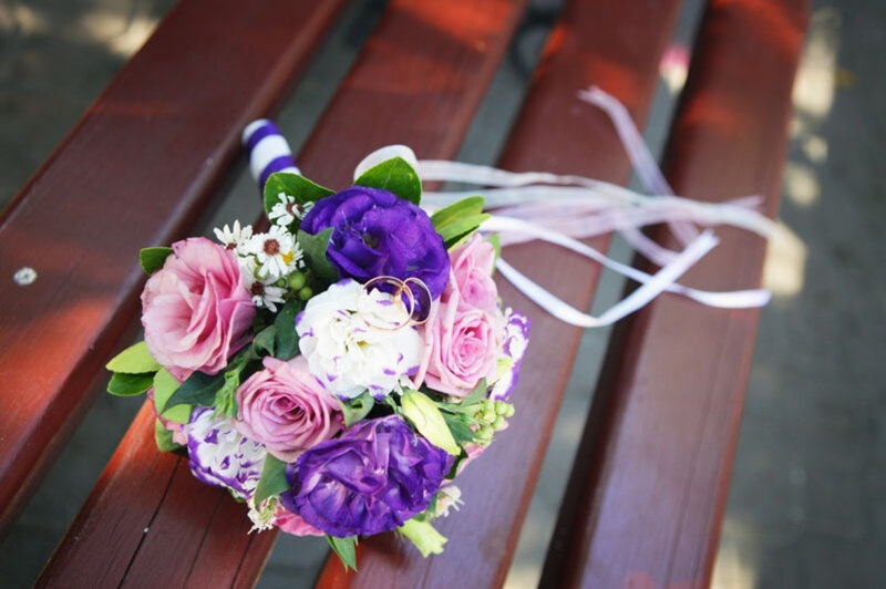 Wedding Bouquet on Bench — Purple