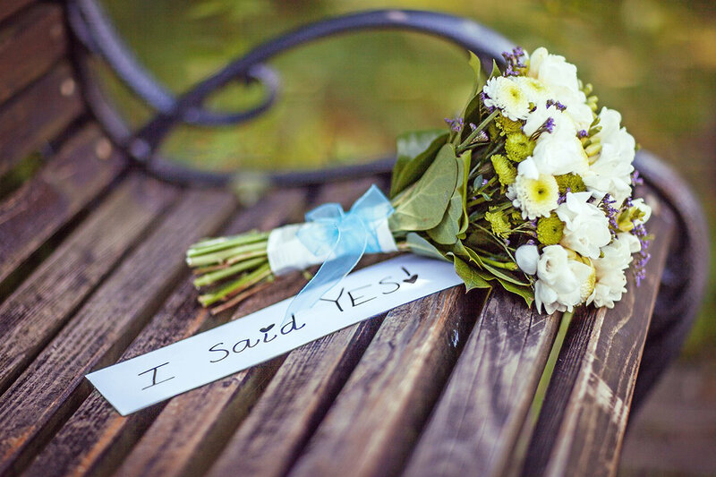 Wedding Bouquet on Bench — White, Romantic