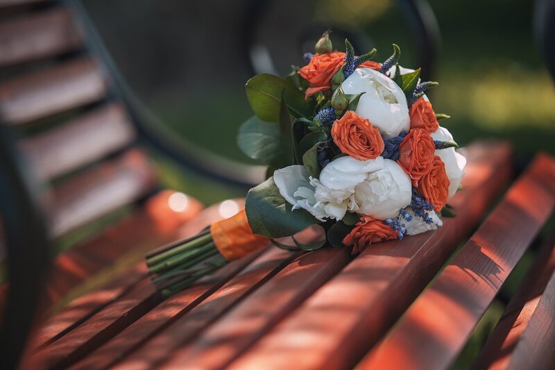 Wedding Bouquet on Bench — White, Serene, Afternoon
