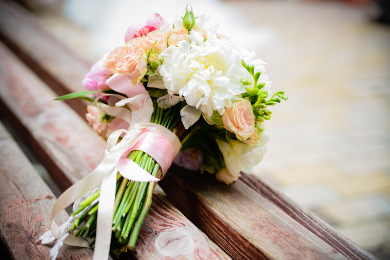 Wedding Bouquet on Bench — White, Serene