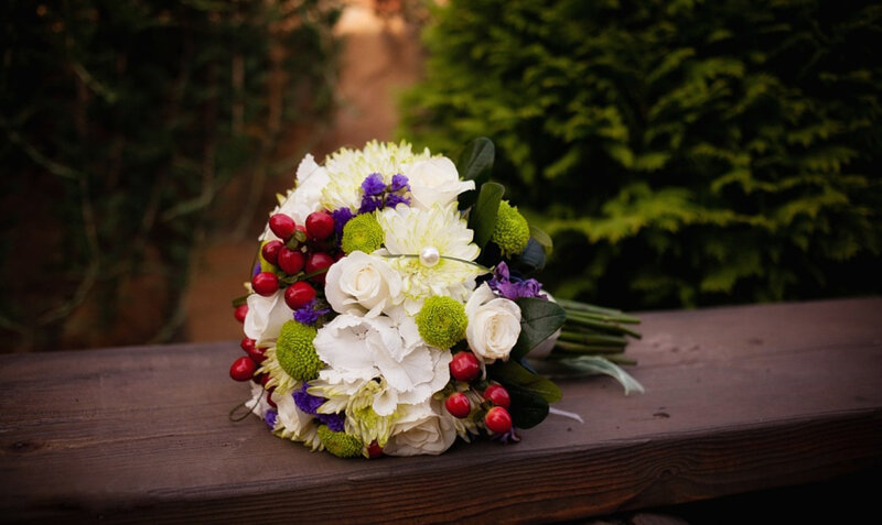 Wedding Bouquet on Bench — White